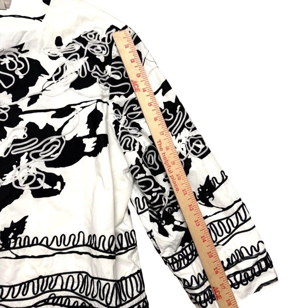 Chico's Women's Blazer Jacket 16-18 White Black Embroidered Linework Open Front - Picture 10 of 10